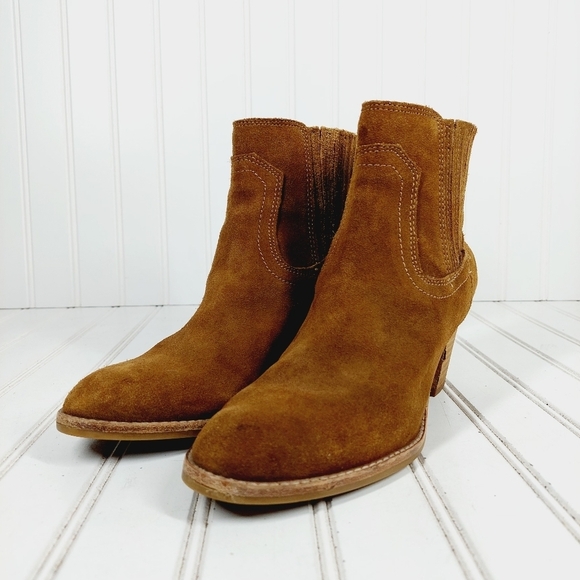 Dolce Vita Brown Suede Leather Pull On Side Elastic Block Heel Ankle Booties E44 - Picture 2 of 12